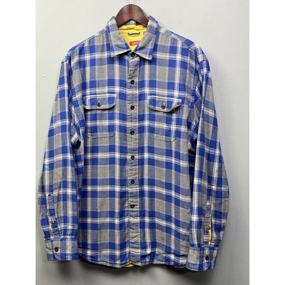 Izod Shirt Mens Large Blue plaid Yellow Lined Button front Casual Pockets Preppy